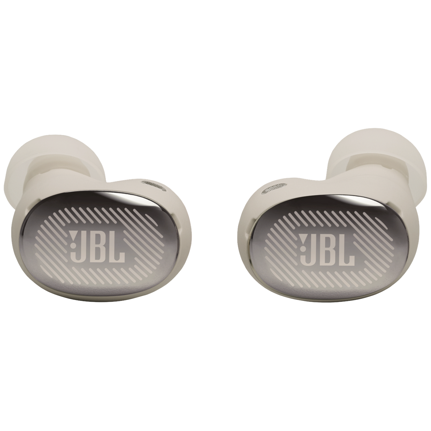 Deux écouteurs blancs JBL avec des accents argentés et le logo JBL.