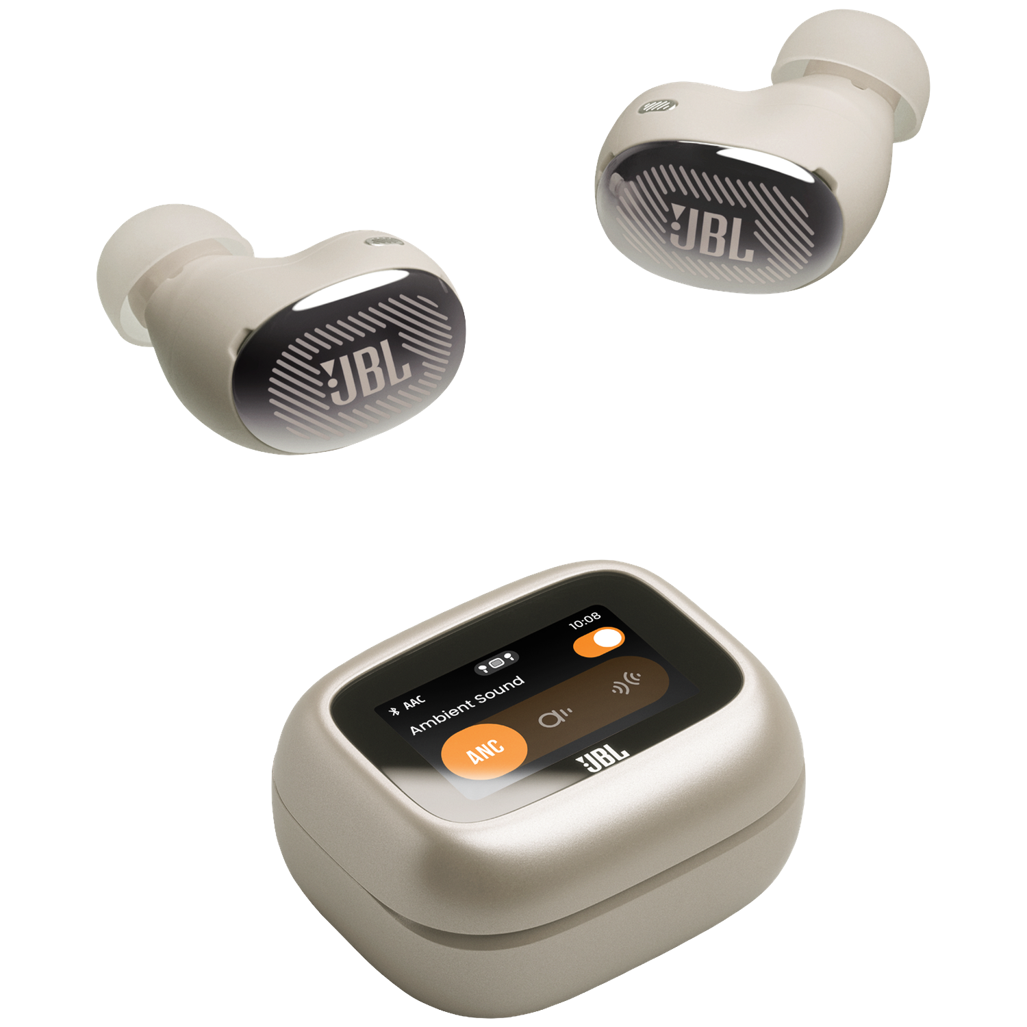 Trois écouteurs JBL blancs et un étui de chargement avec écran tactile sur fond noir.