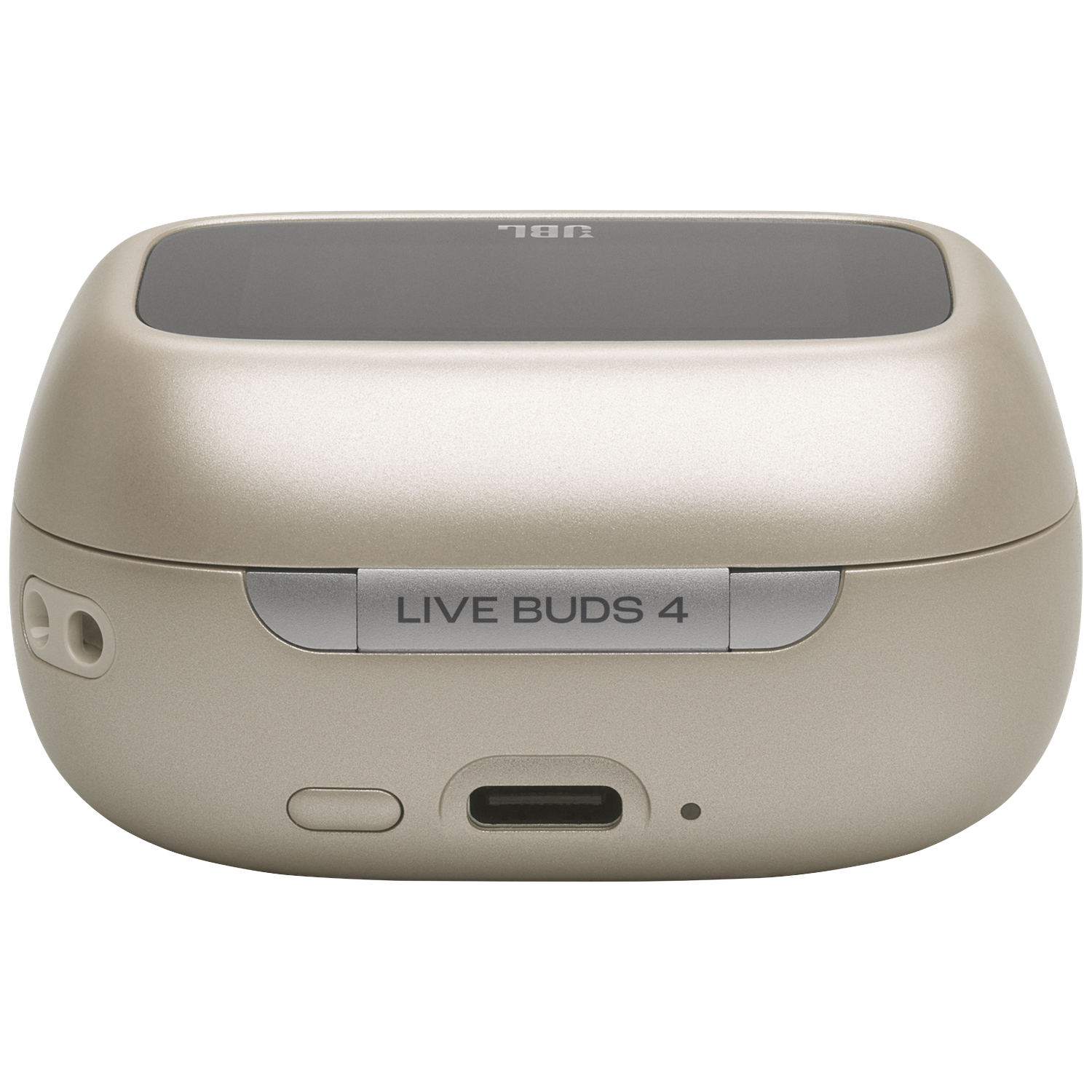Boîtier de chargement JBL Live Buds 4 beige avec port USB-C et logo JBL.