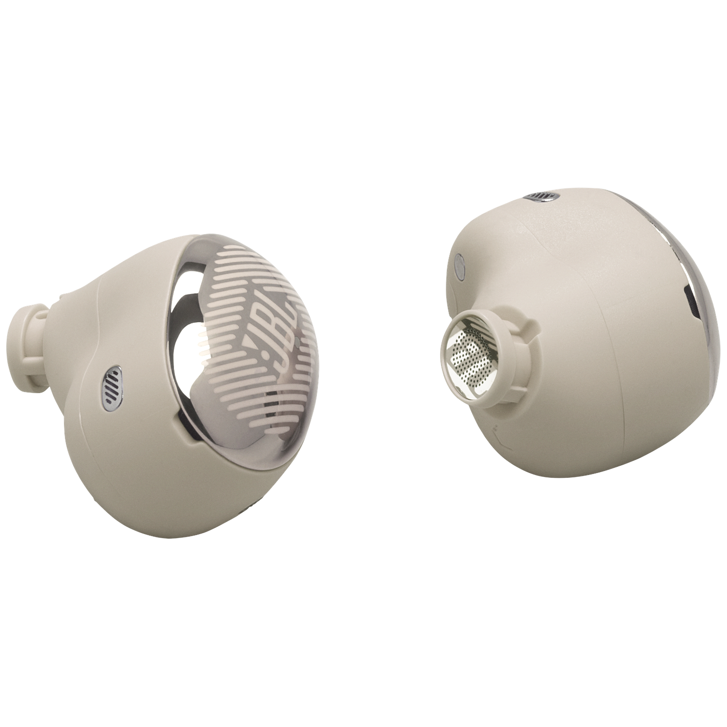 Deux écouteurs blancs avec capuchons transparents et logo JBL.