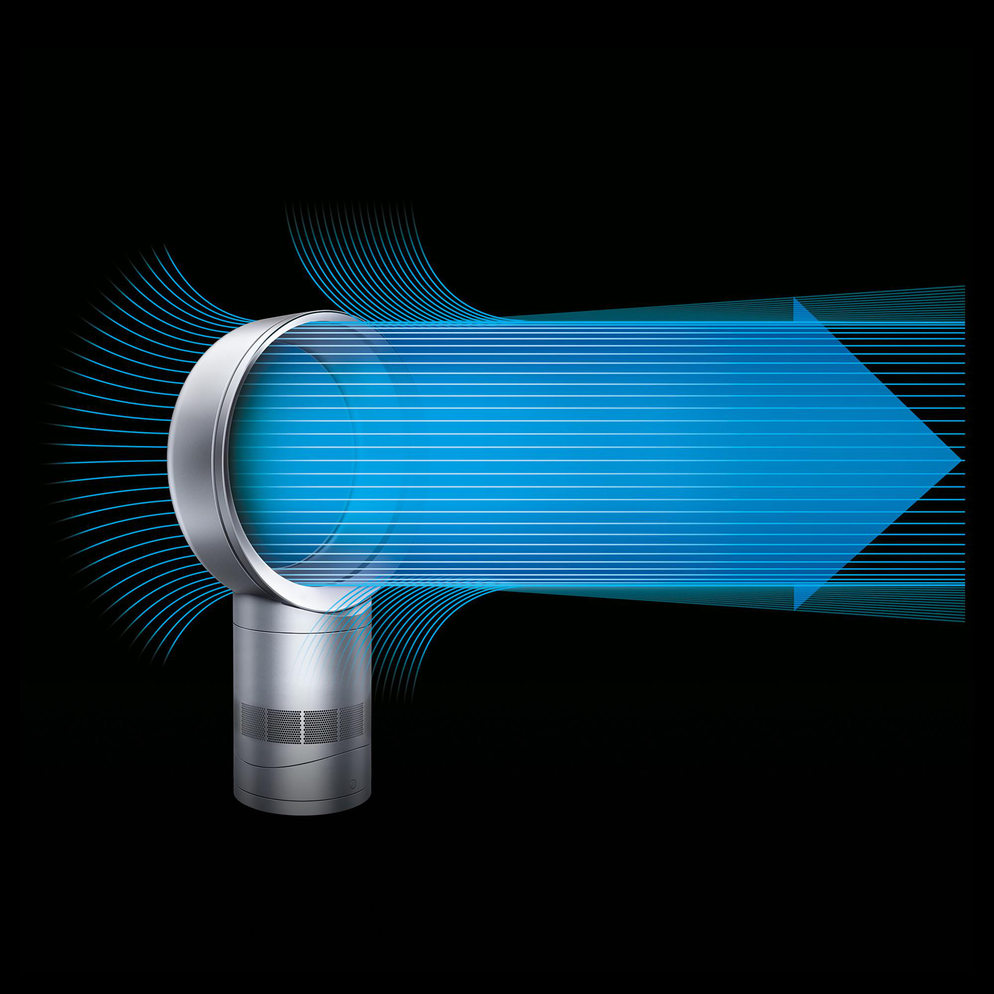 Ein silberner lüfterloser Ventilator mit blauen Luftstromlinien auf schwarzem Hintergrund.