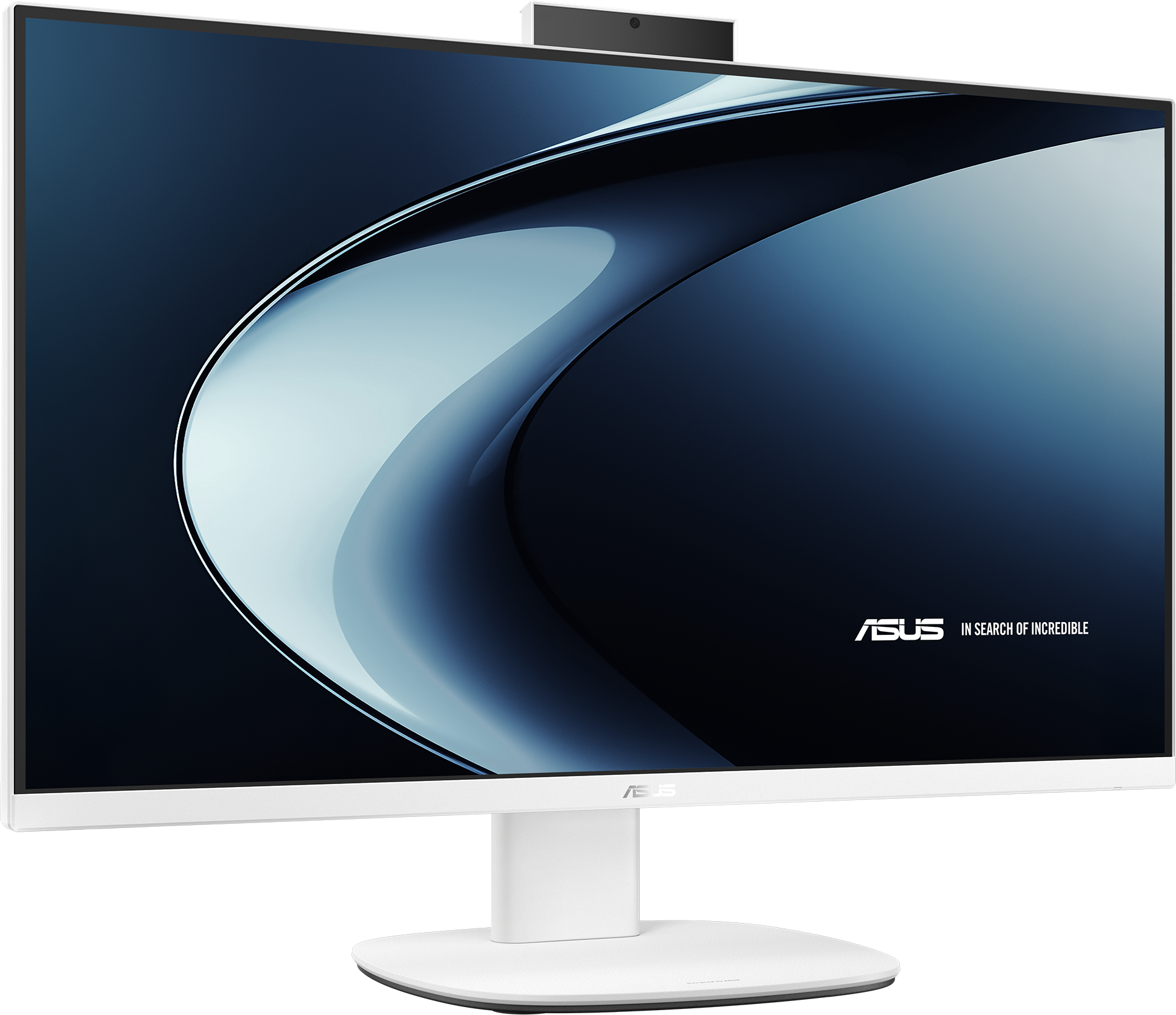 Ein weißer Asus All-in-One-PC mit einem modernen Design und einem stilvollen Hintergrund.