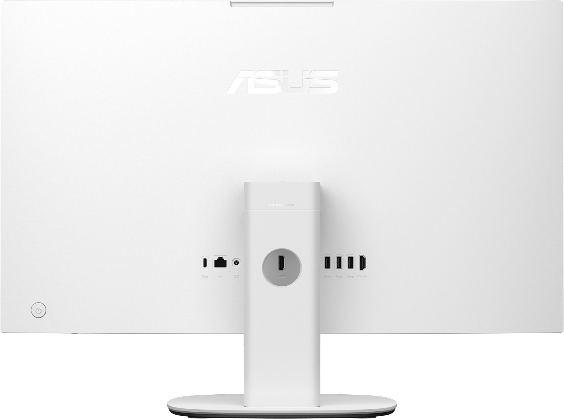 Rückseite eines weißen All-in-One-Computers mit Anschlüssen und ASUS-Logo.