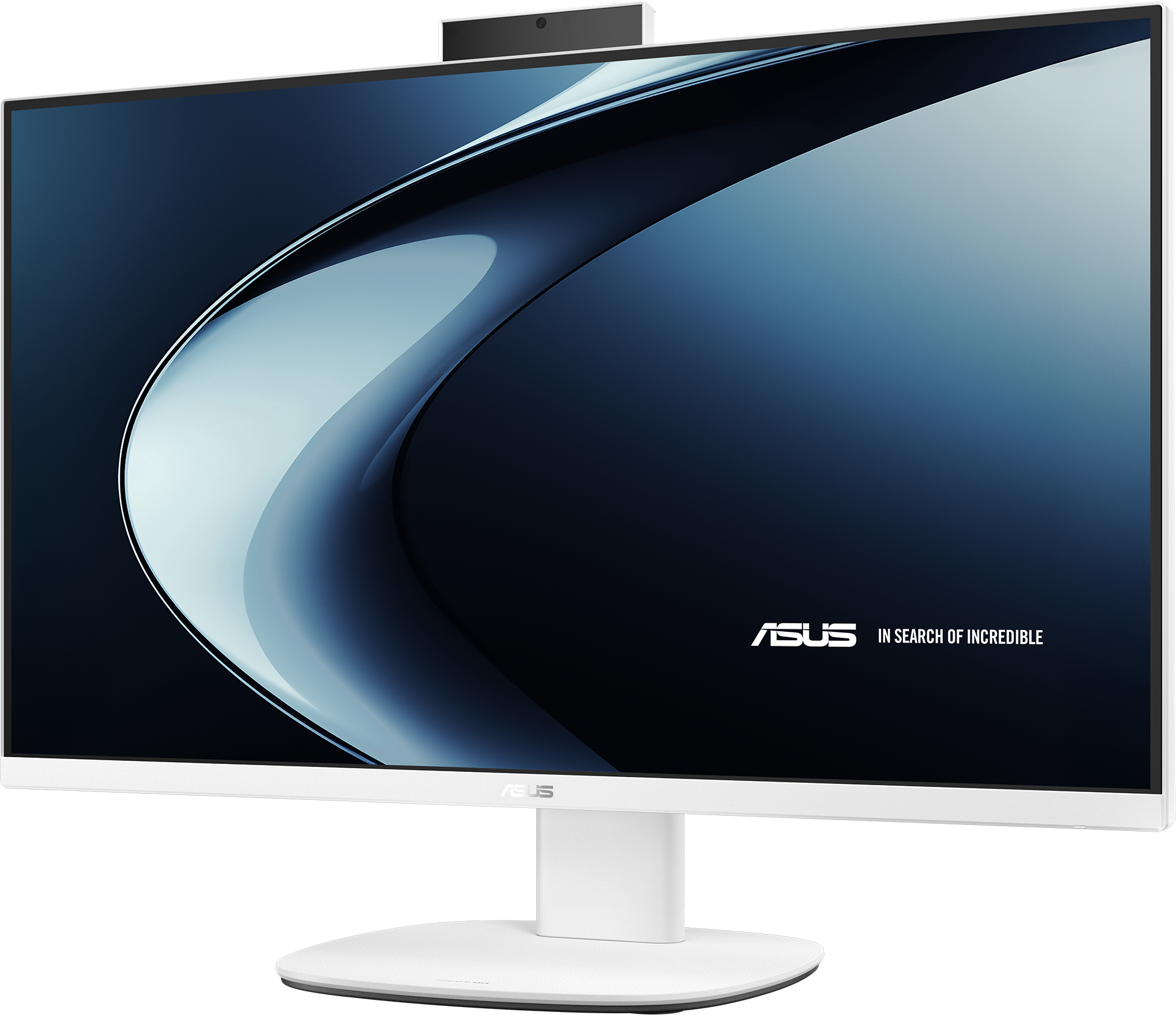 Weißer ASUS All-in-One-PC mit Kameramodul und abstraktem blauen Hintergrund.