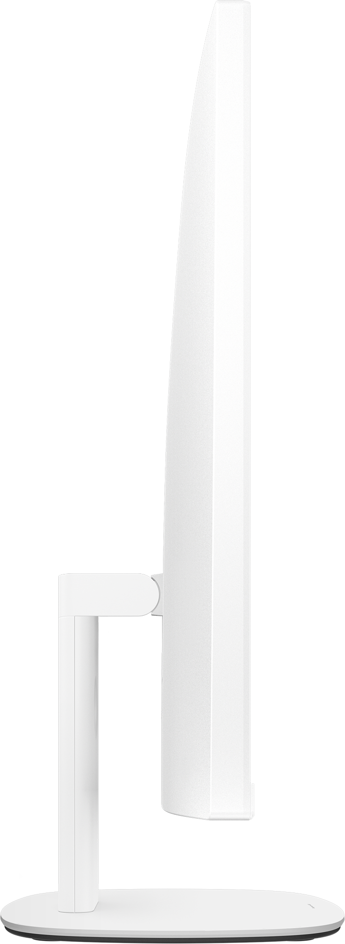 Ein weißer Monitorständer mit einem schlanken, gebogenen Design, isoliert auf schwarzem Hintergrund.