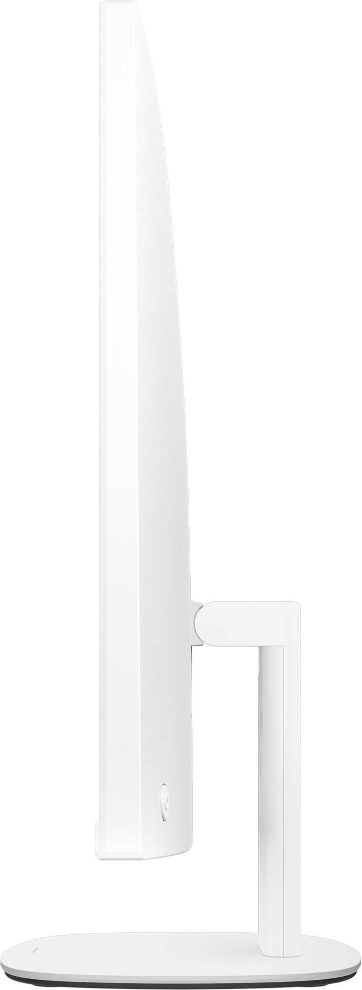 Weiße Monitorrückseite mit Standfuß. Ein Knopf ist sichtbar.