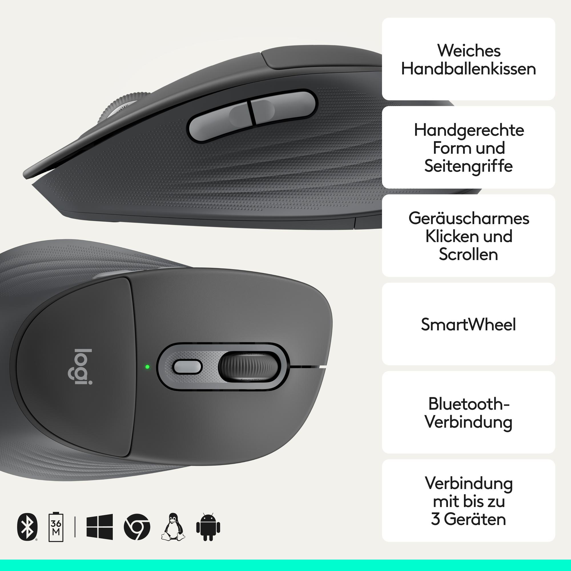 Dunkelgraue Logitech-Maus mit Scrollrad und Tasten. Enthält Text-Highlights.