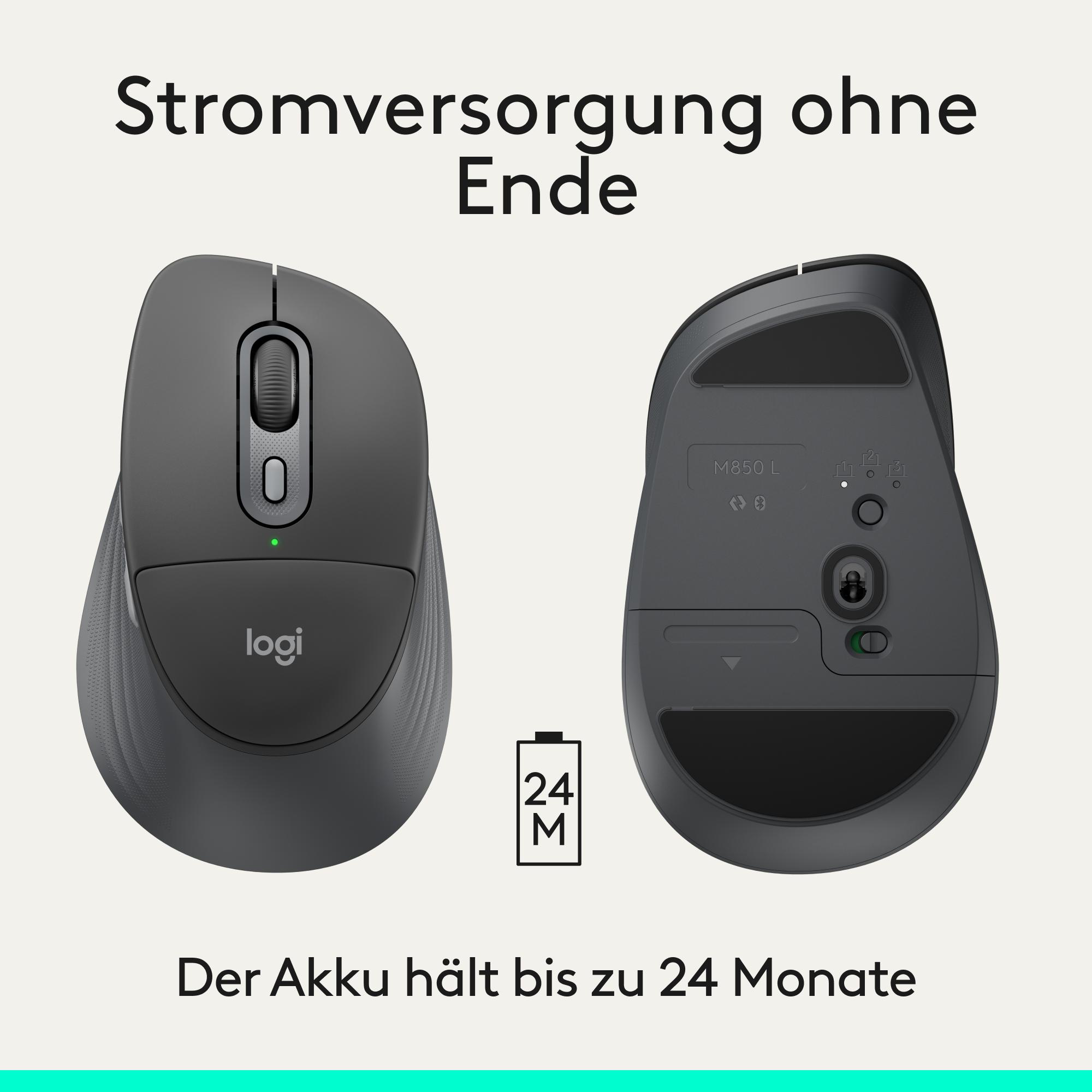 Zwei Logitech Mäuse, eine mit Scrollrad, die andere mit Beschriftung M850 L.