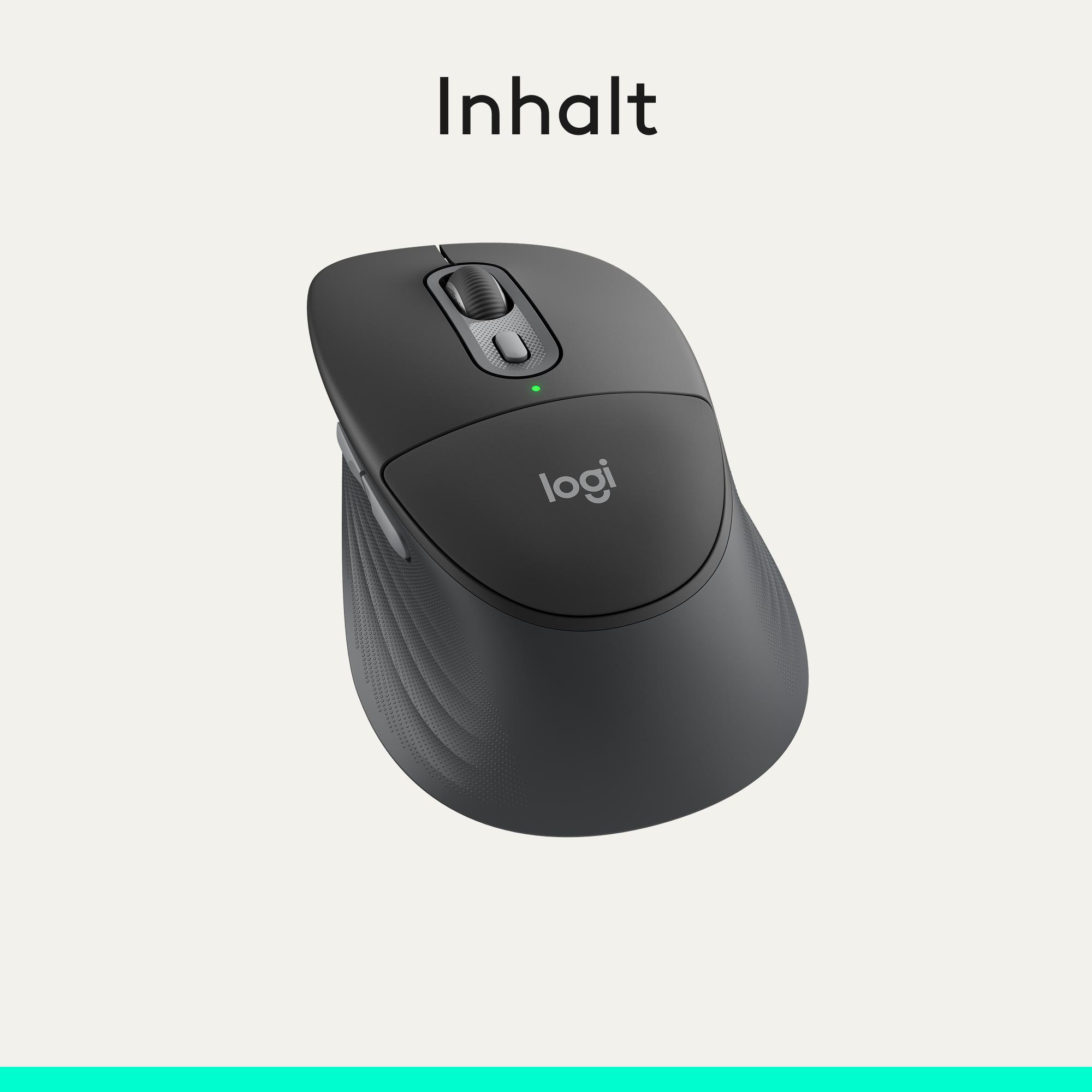 Eine dunkle Logitech-Maus mit Scrollrad und einem grünen Licht.
