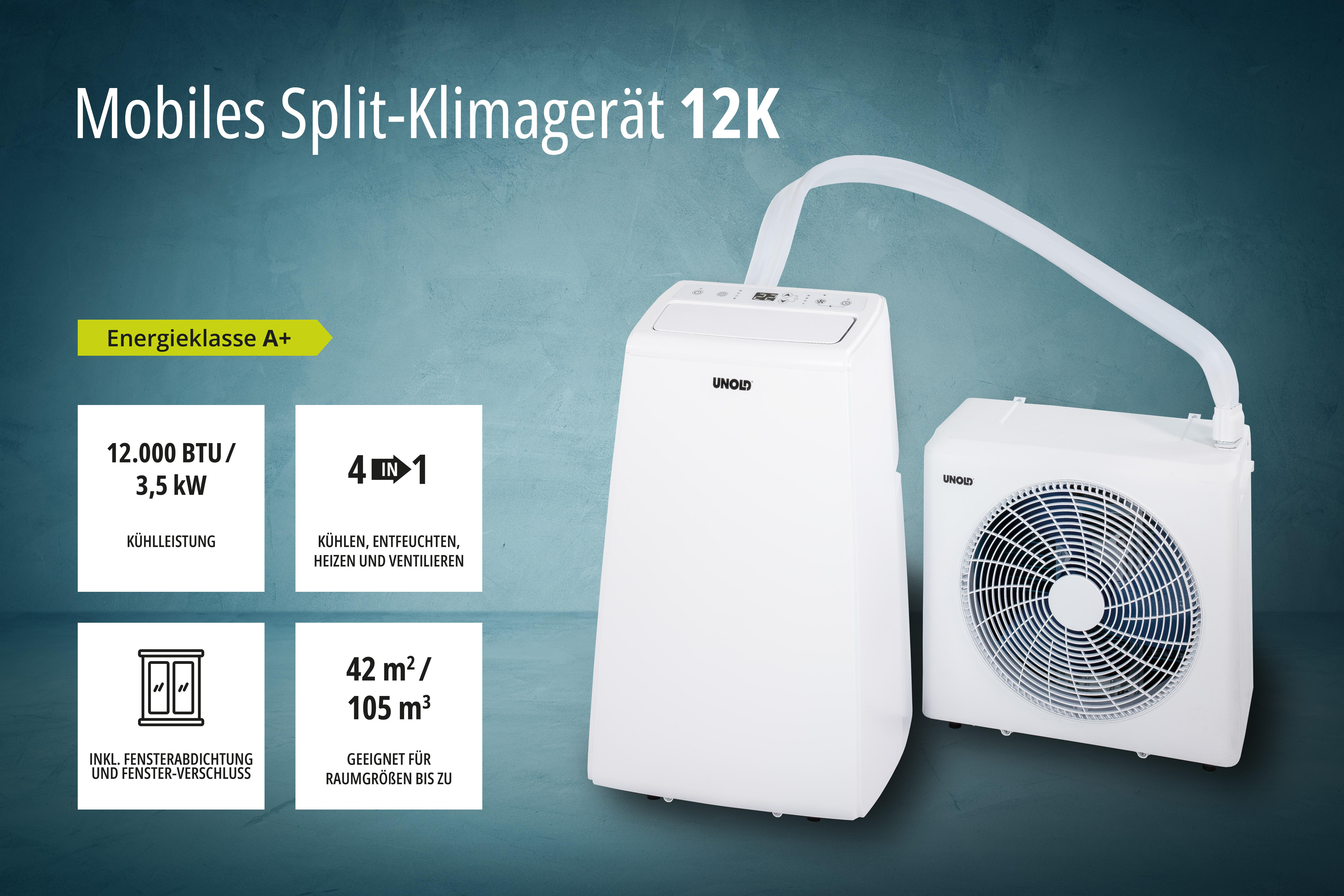 Ein mobiles Split-Klimagerät von UNOLD mit Außengerät, Schlauch und Infoboxen.