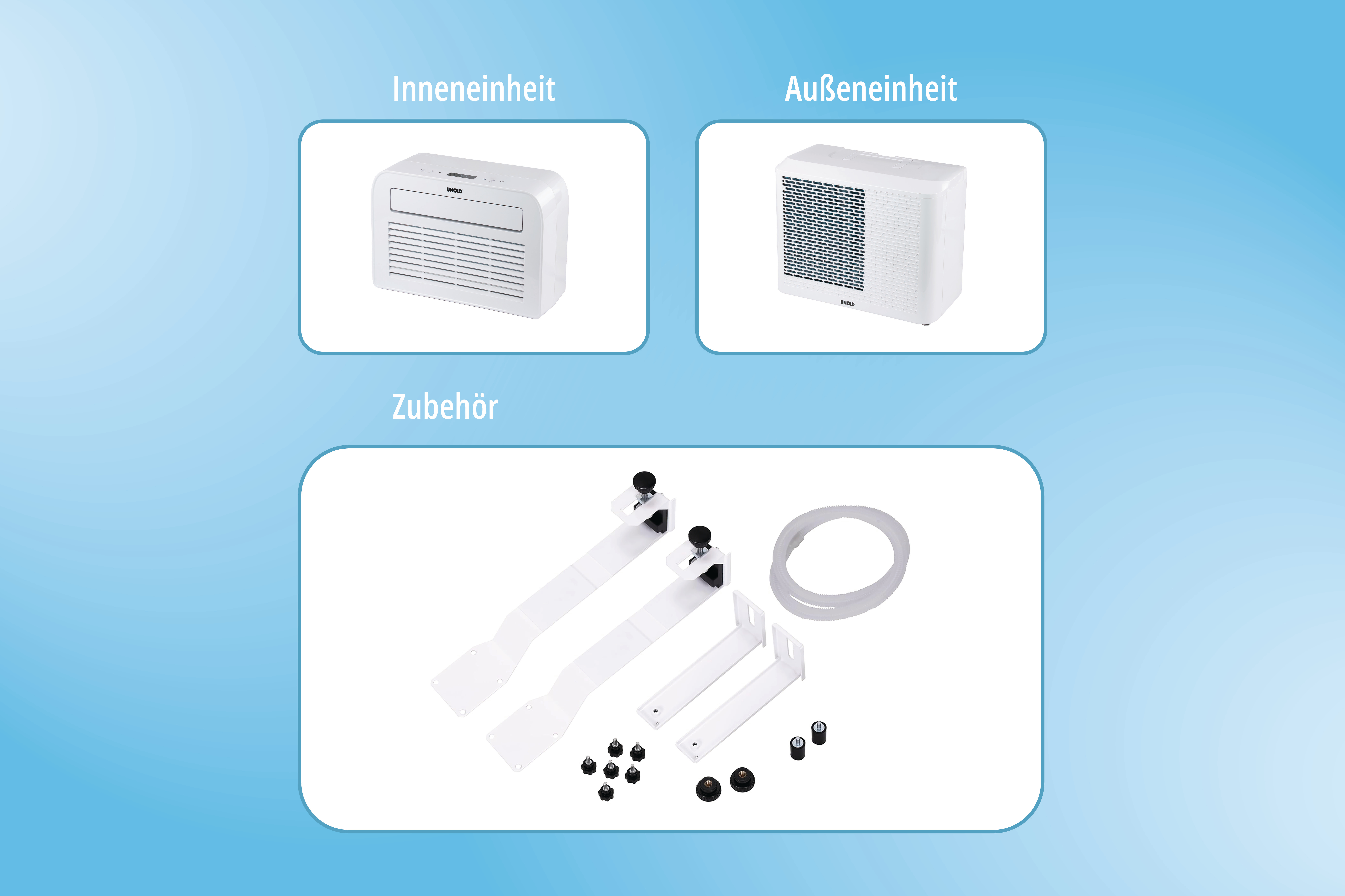 Innen- und Außengerät mit Zubehör wie Schläuchen und Schrauben.