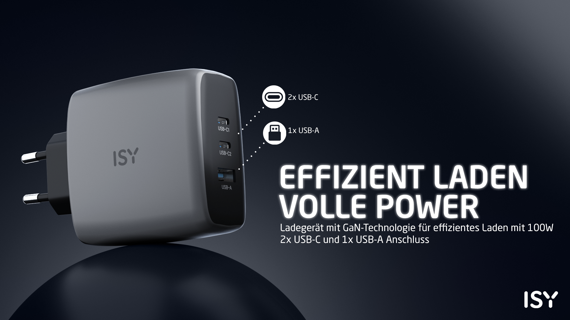 Grauer ISY Netzstecker mit 2x USB-C und 1x USB-A Anschlüssen.