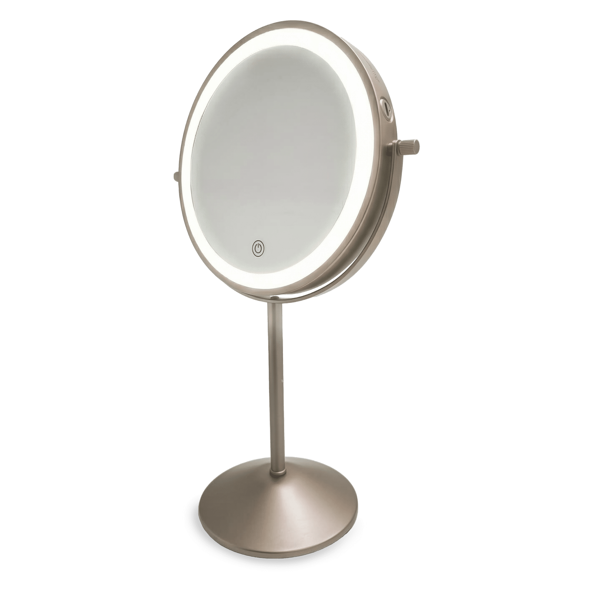 Un espejo de maquillaje iluminado sobre un soporte con acabado plateado.