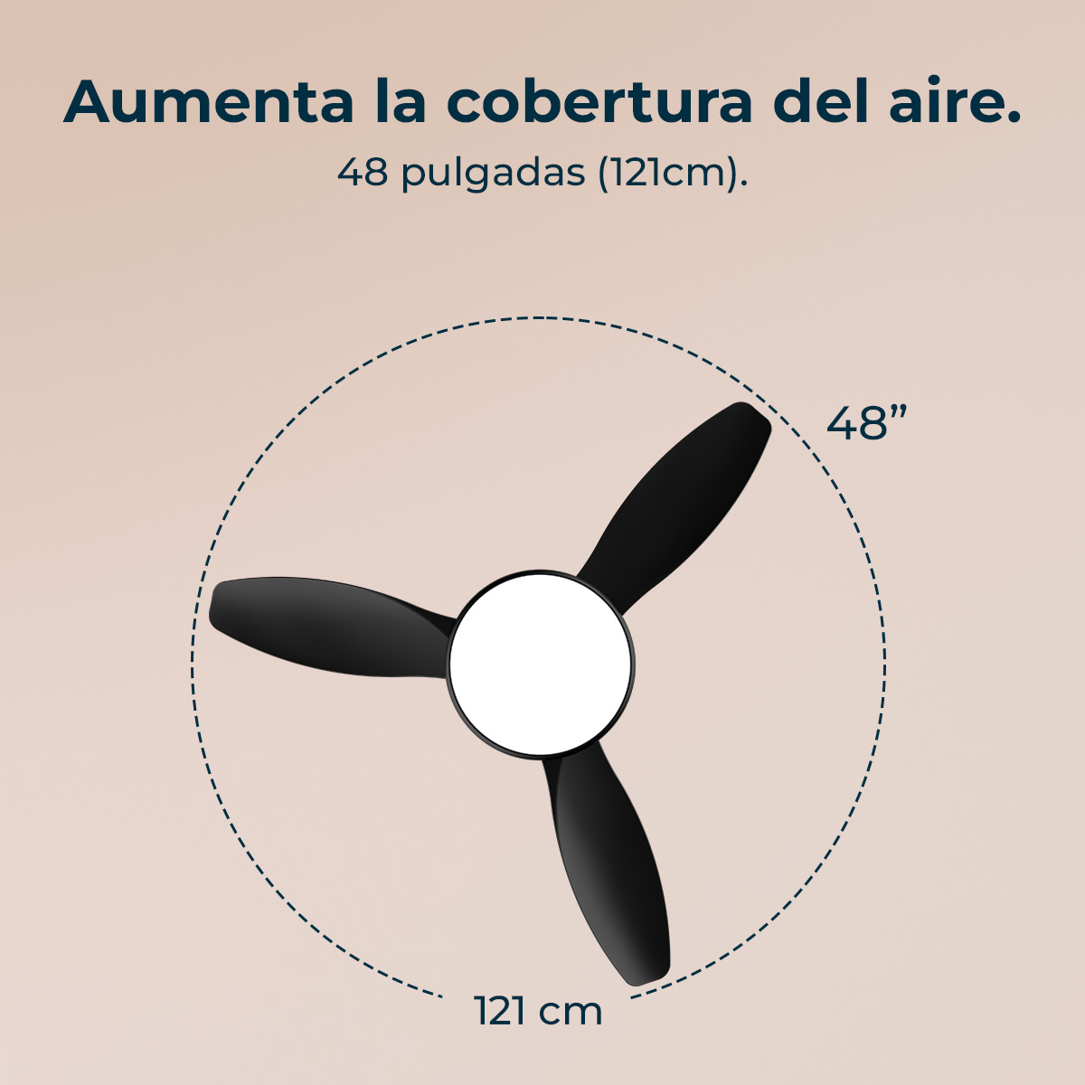 Ventilador de techo negro de tres aspas, diámetro 48 pulgadas (121cm).