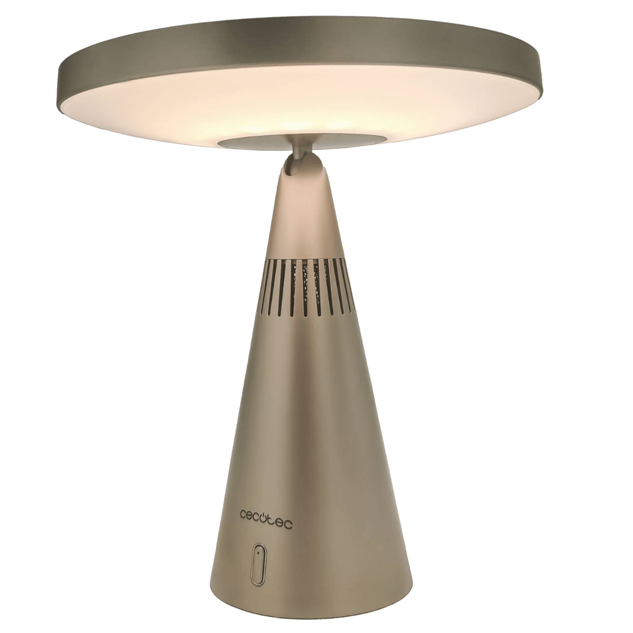 Una lámpara moderna con pantalla redonda e iluminada y base cónica de metal.