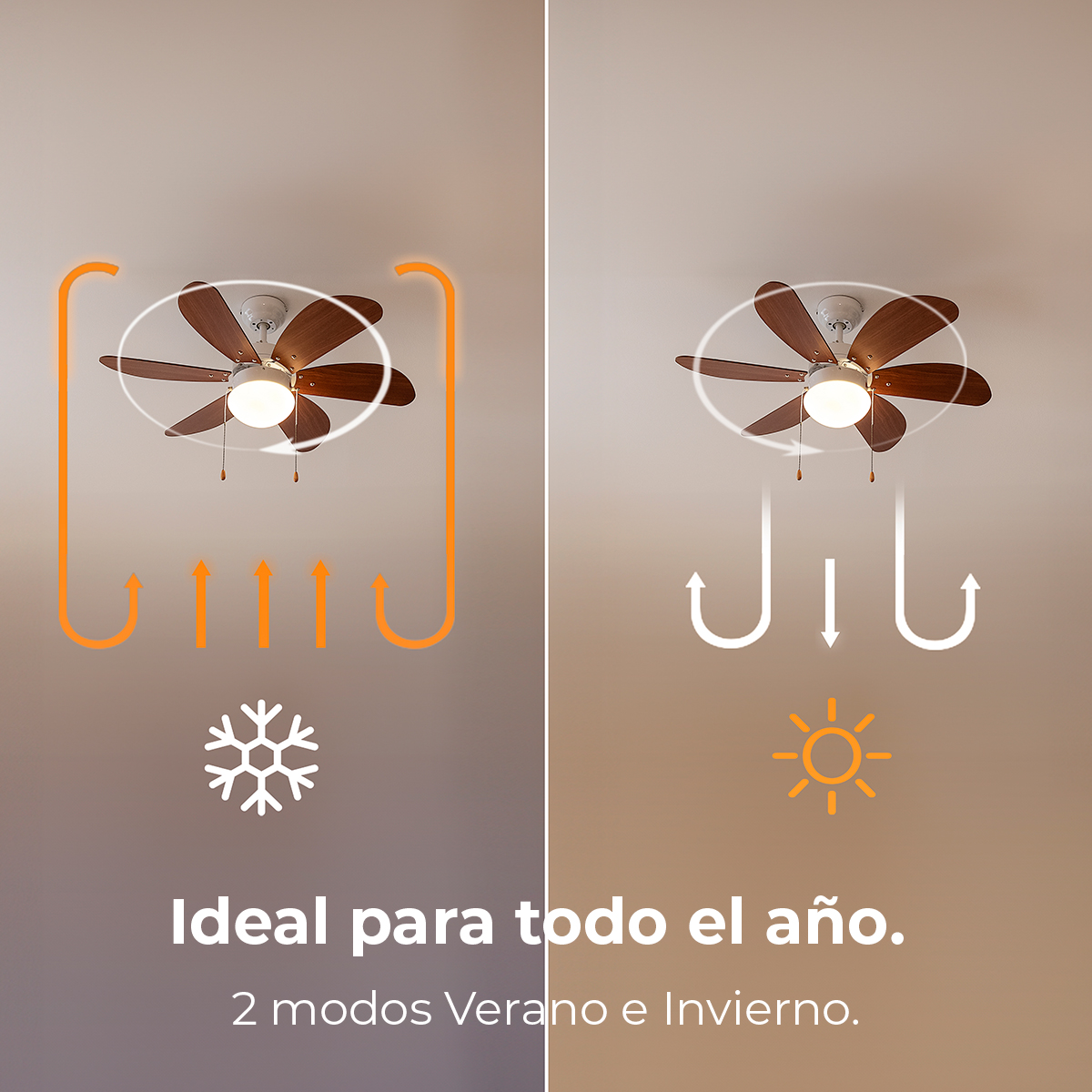 Ventilador de techo con aspas de madera que circula aire hacia abajo en verano y hacia arriba en invierno.