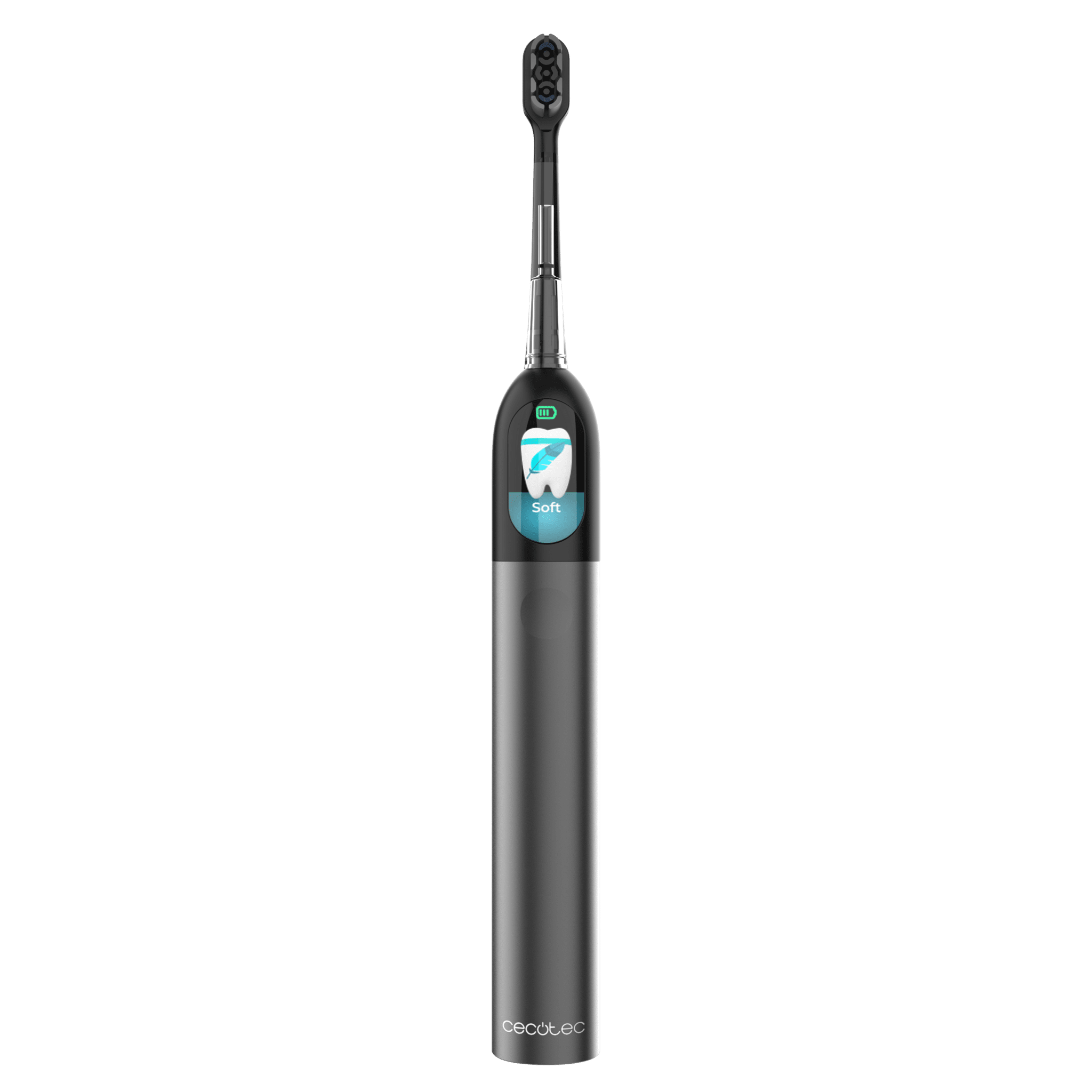 Un cepillo de dientes eléctrico negro con pantalla azul que muestra un diente.