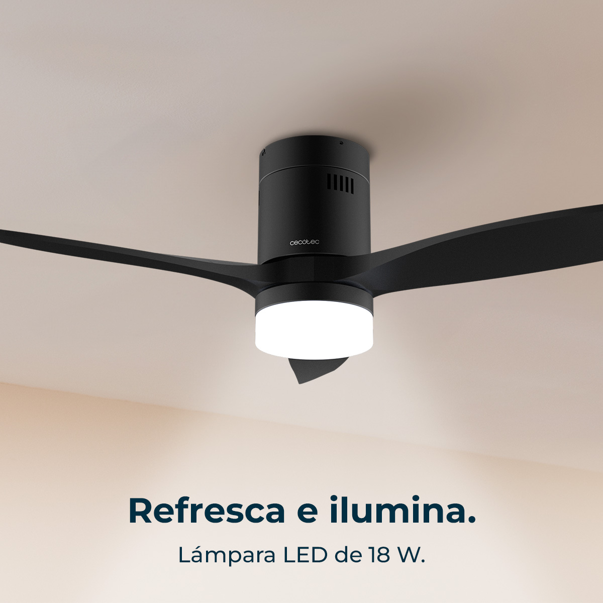 Ventilador de techo negro con luz, estilo moderno.