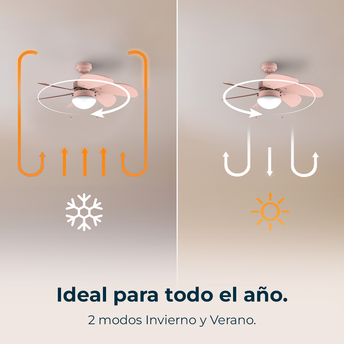 Ventilador de techo rosa ilustra modos de invierno y verano con flechas.