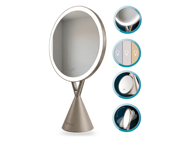 Espejo lumínico - Cecotec FaceCare Mirror, Luz LED, Aumento 10x, 3 intensidades, Ángulo ajustable, Batería 1000 mAh y carga USB-C, Multicolor