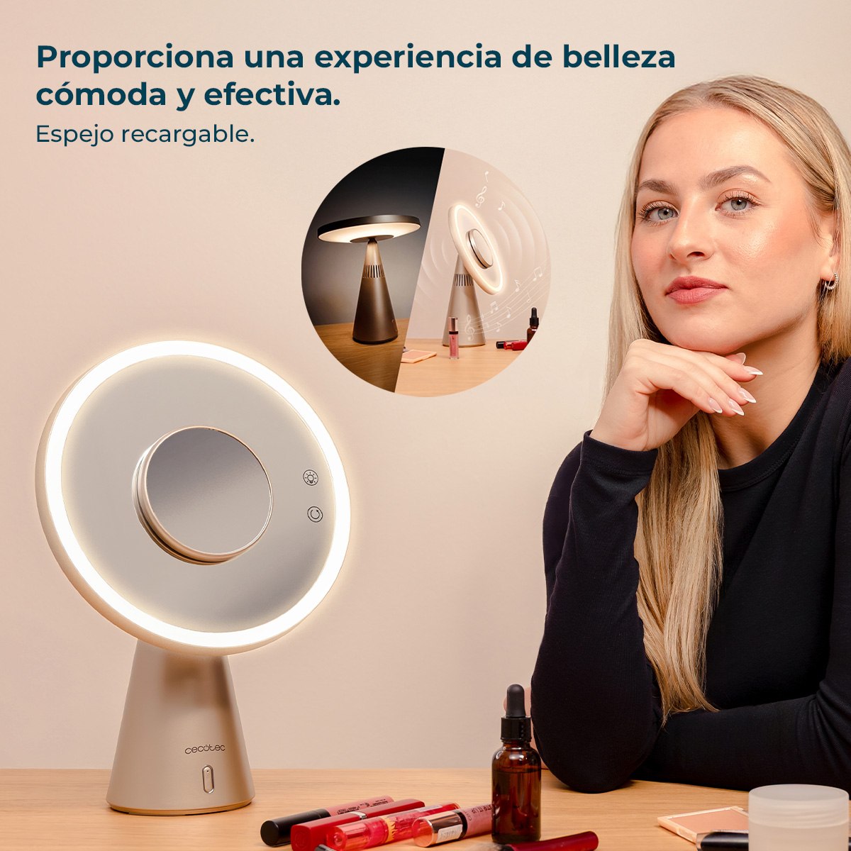 Una mujer mira hacia la derecha, junto a un espejo de maquillaje iluminado y cosméticos.
