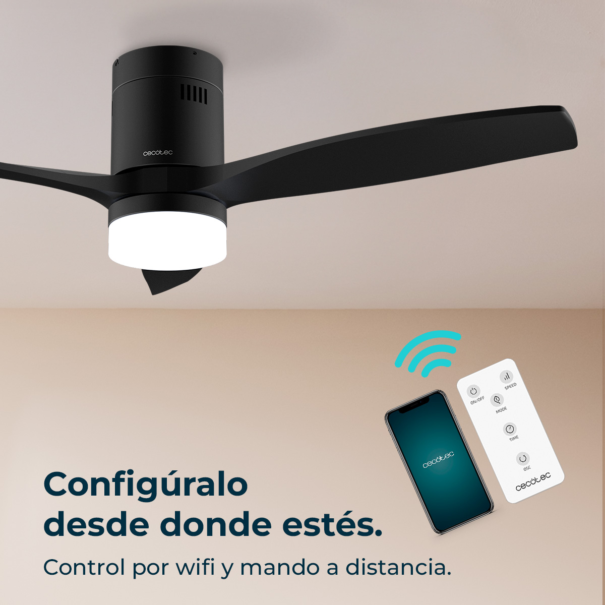 Ventilador de techo negro con luz y mando a distancia en móvil.