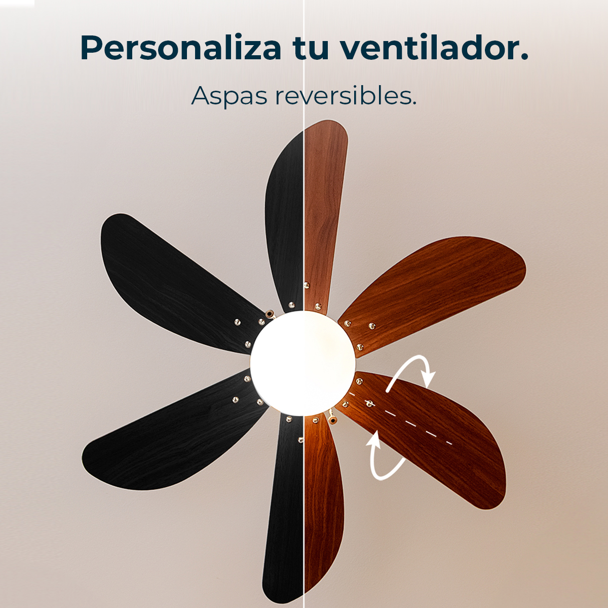 Ventilador de techo con seis aspas reversibles, mitad negras, mitad madera.