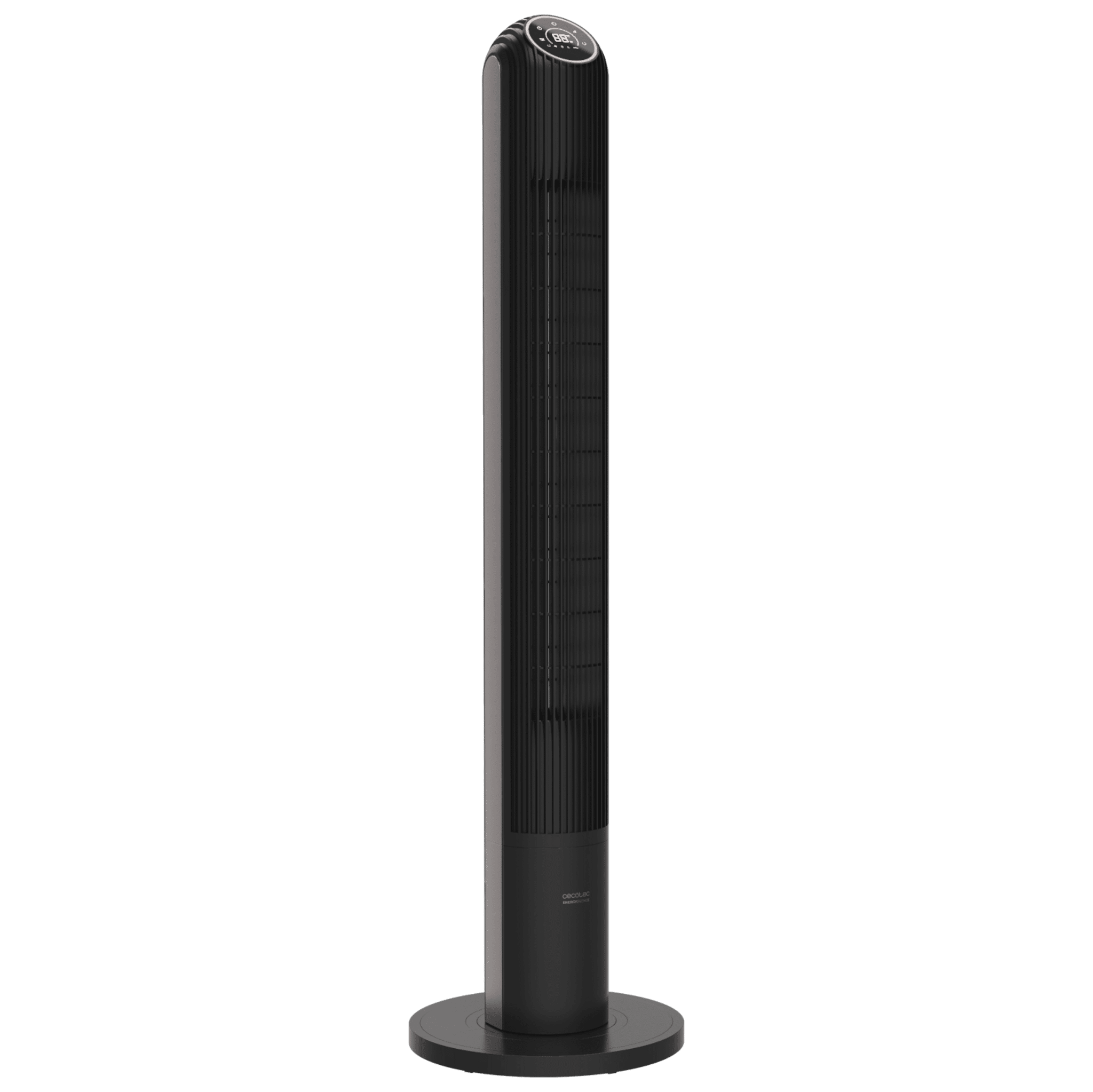 Un elegante ventilador de torre negro con pantalla digital arriba y base redonda.
