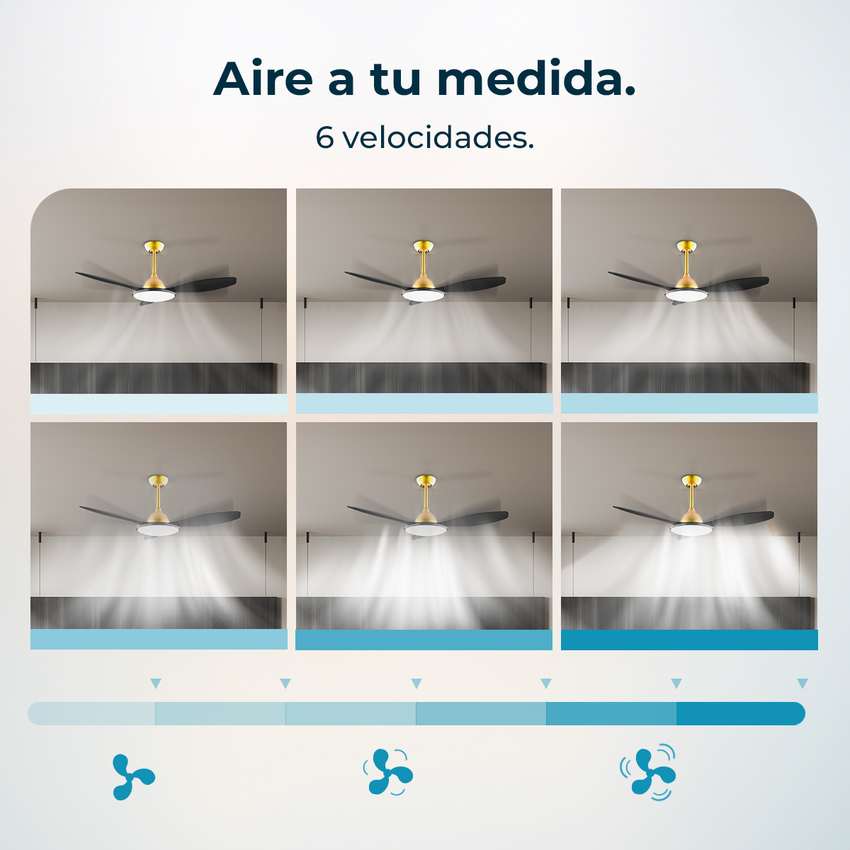 Seis ventiladores de techo con soportes dorados muestran diferentes intensidades de flujo de aire.