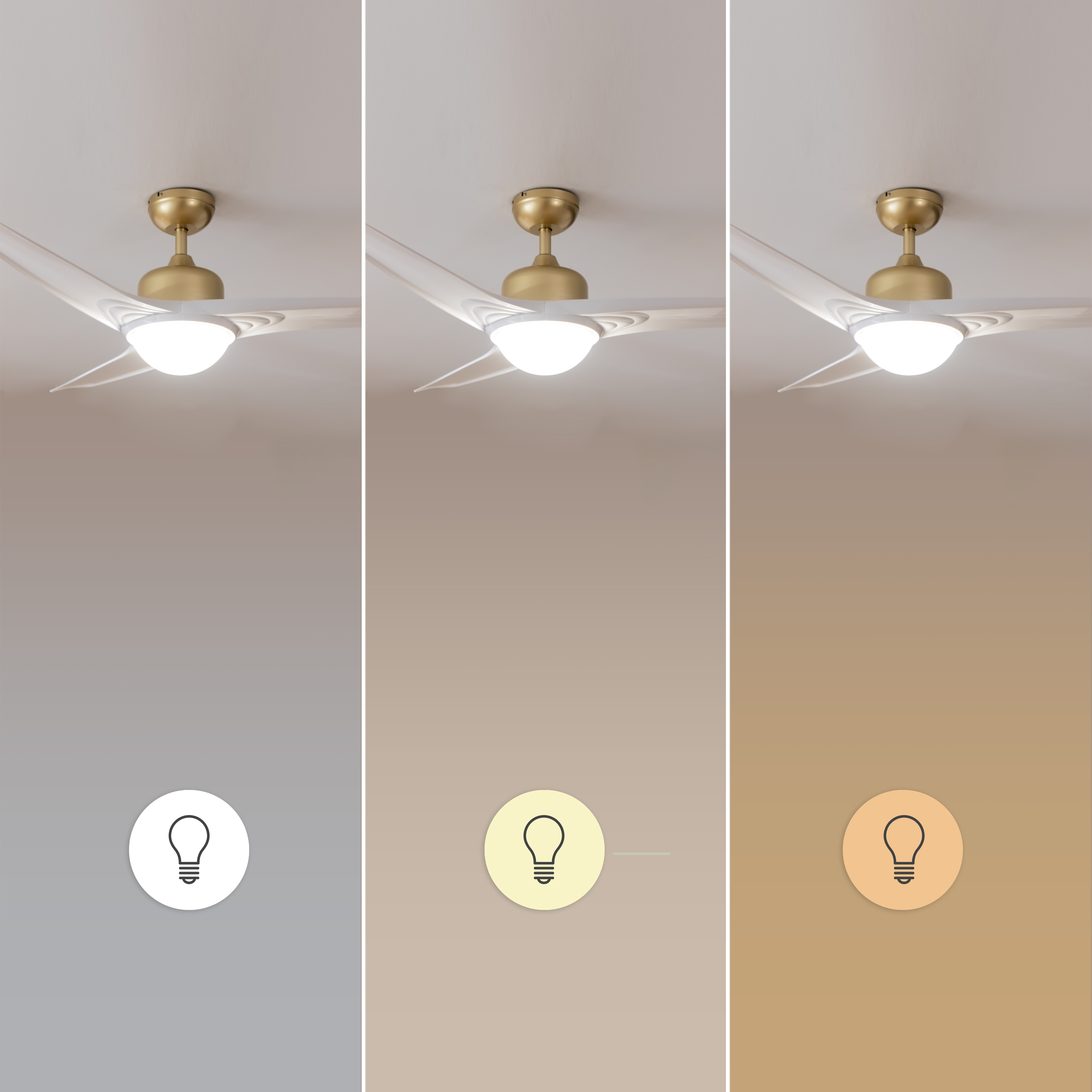 Ventilador de techo con base dorada y aspas blancas, iluminado.