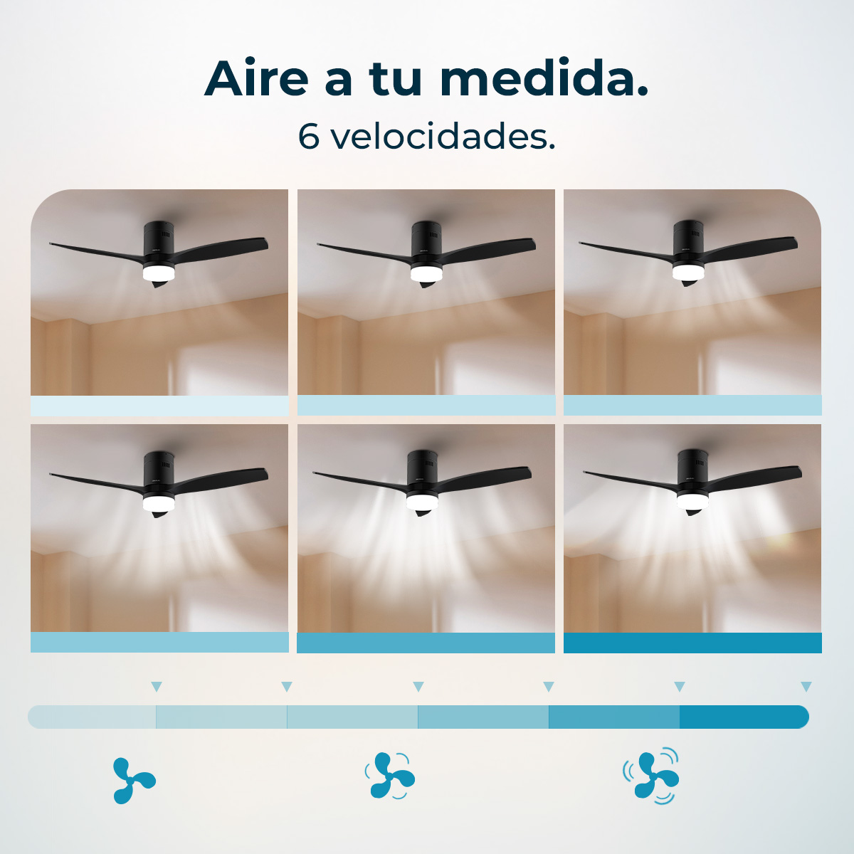 Seis ventiladores de techo negros mostrados, mostrando diferentes velocidades de aire con luz.