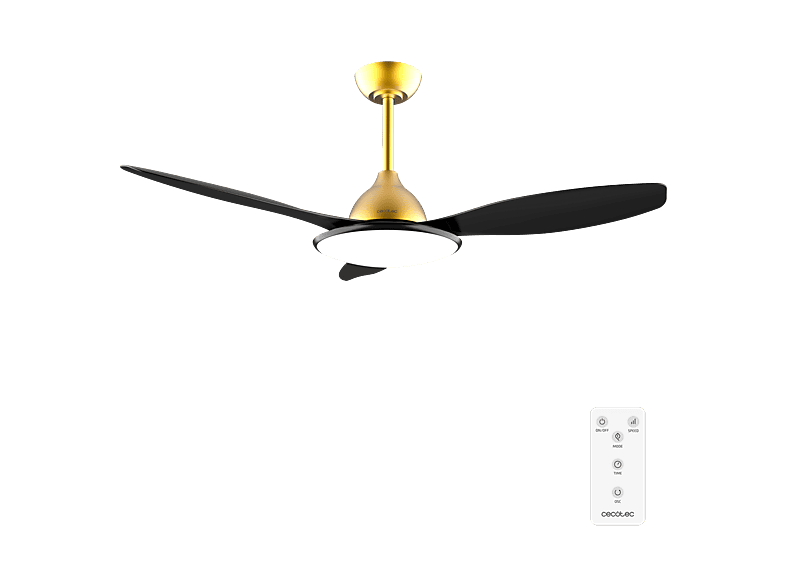 Ventilador de techo - Cecotec EnergySilence 4800 Light GoldBlack, Luz LED 36 W, Mando a distancia, Temporizador, 6 velocidades y 3 aspas, Negro Oro