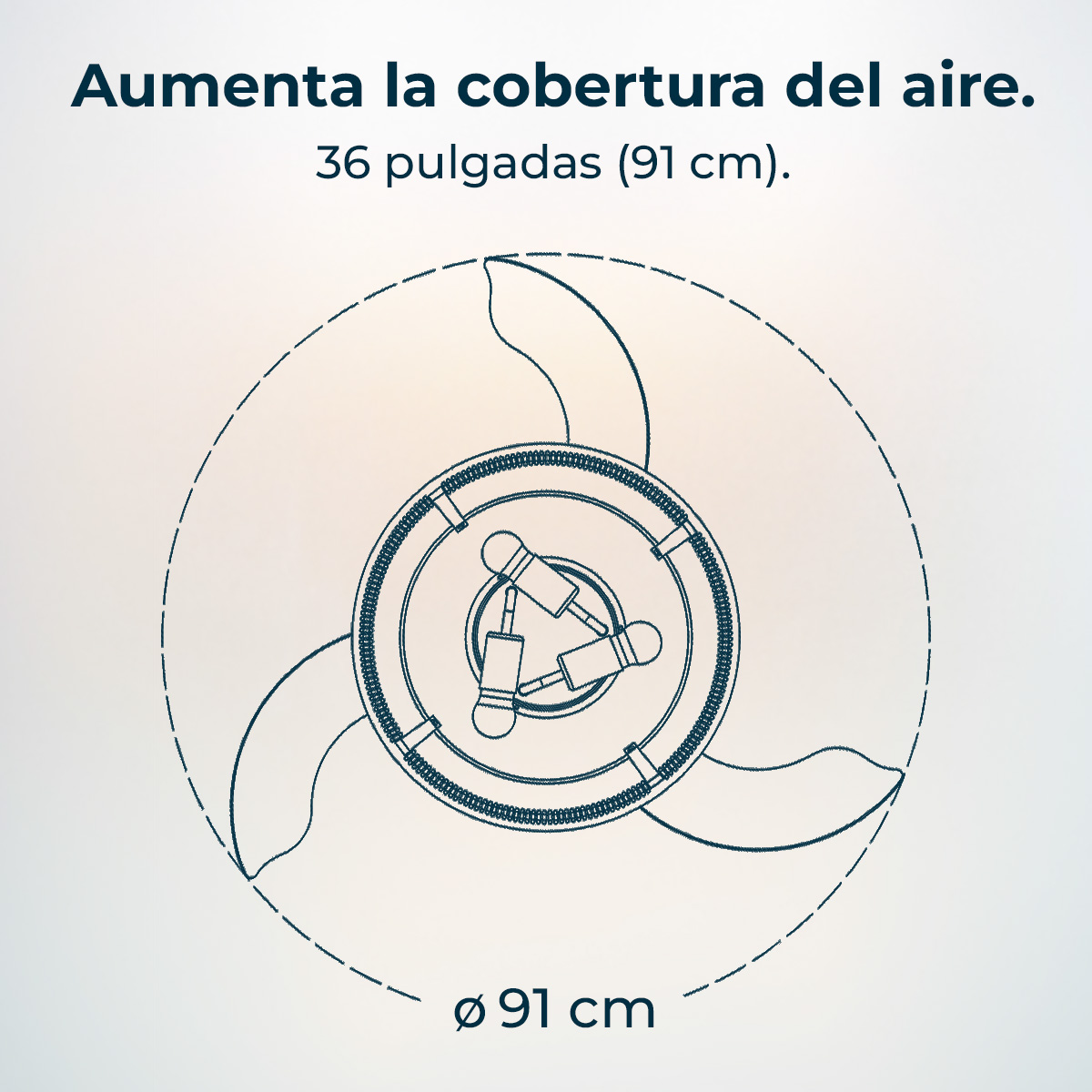 Dibujo técnico de un ventilador de 91 cm de diámetro.