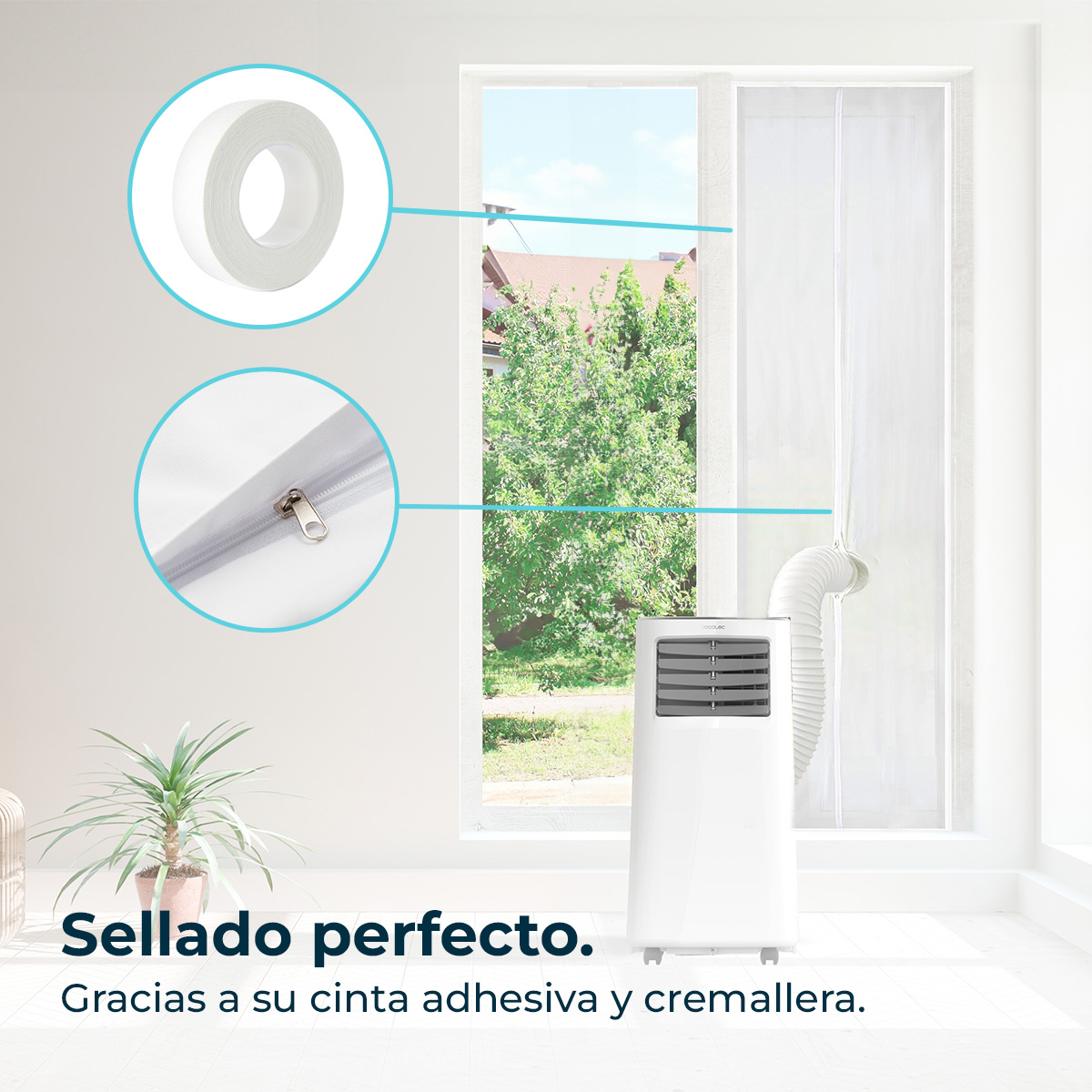 Un aire acondicionado portátil blanco con manguera conectada a la ventana. Se ven cinta y cremallera.