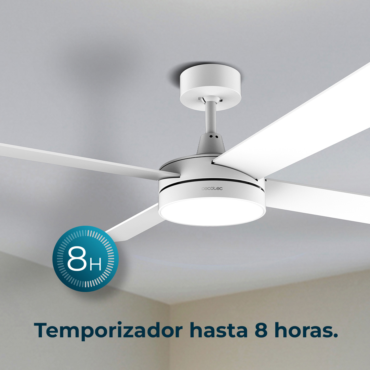 Ventilador de techo blanco con luz y icono de temporizador 8H.