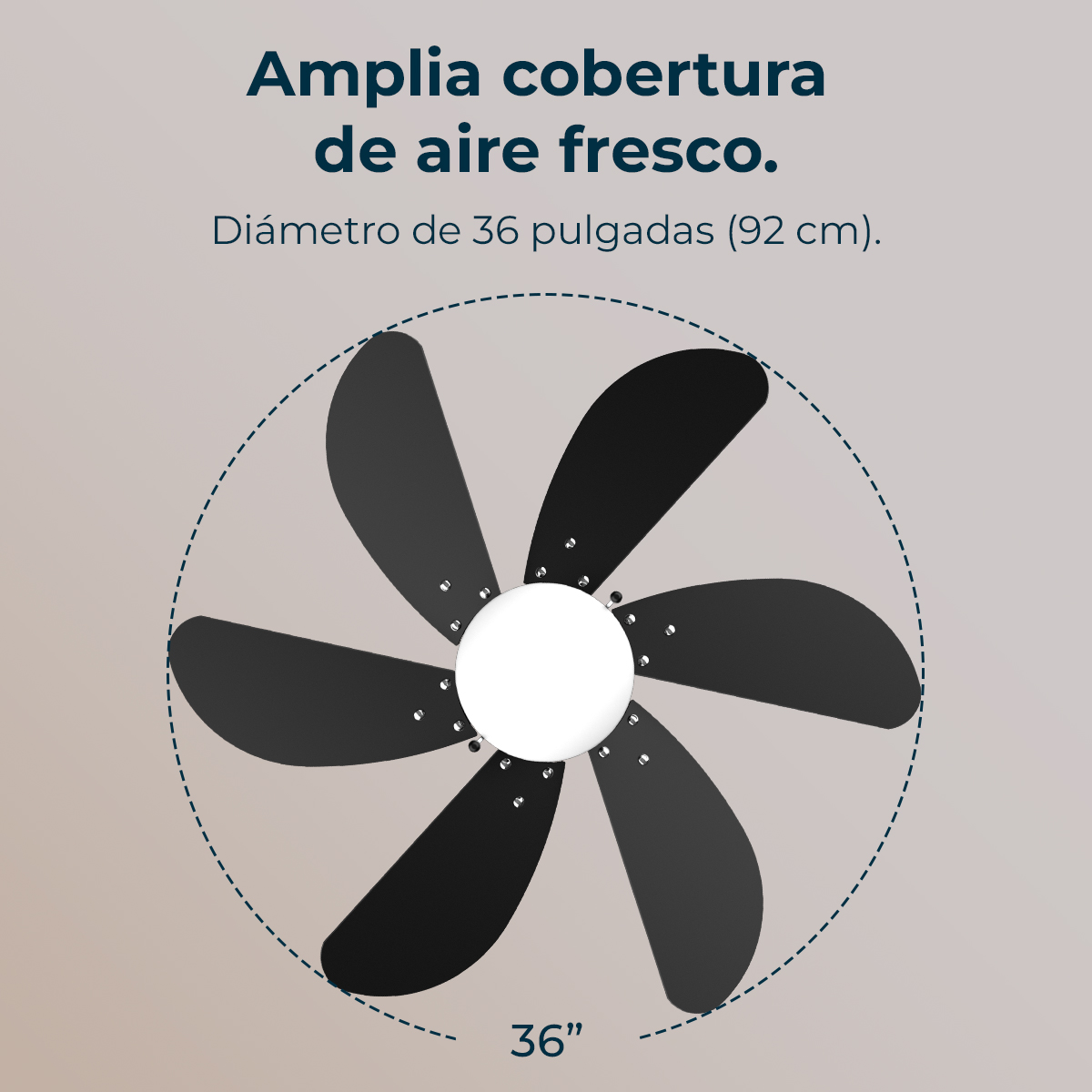 Ventilador de techo negro con 6 aspas, 36 pulgadas de diámetro.