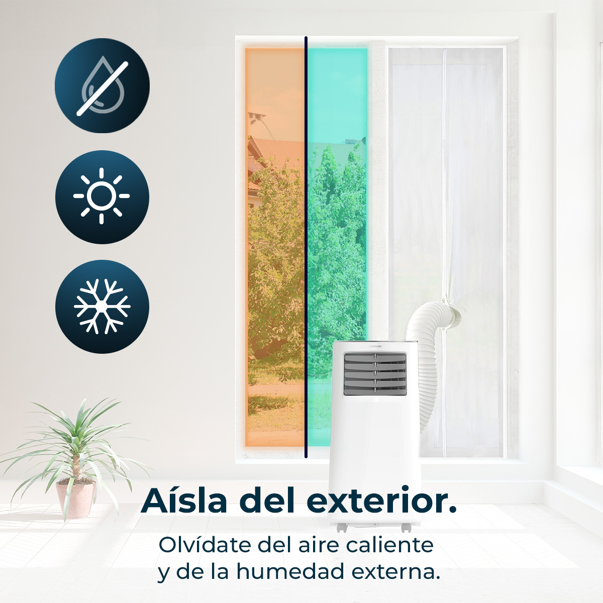 Un aire acondicionado blanco con manguera frente a una ventana con iconos de humedad, sol y frío.