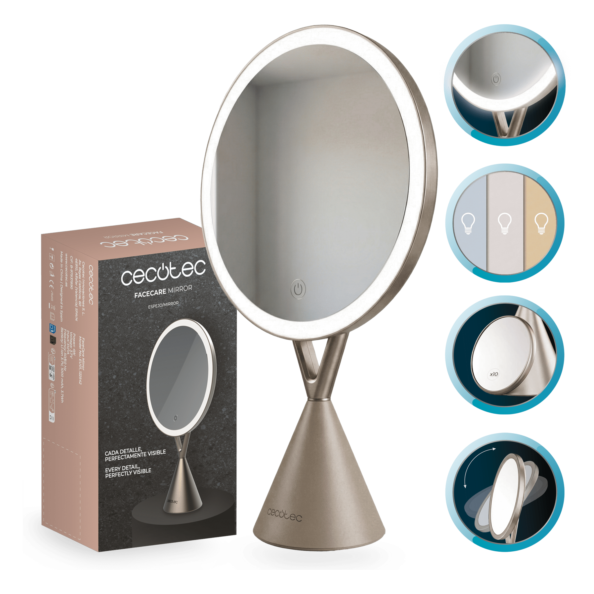 Un espejo de maquillaje iluminado con base cónica junto a su embalaje.