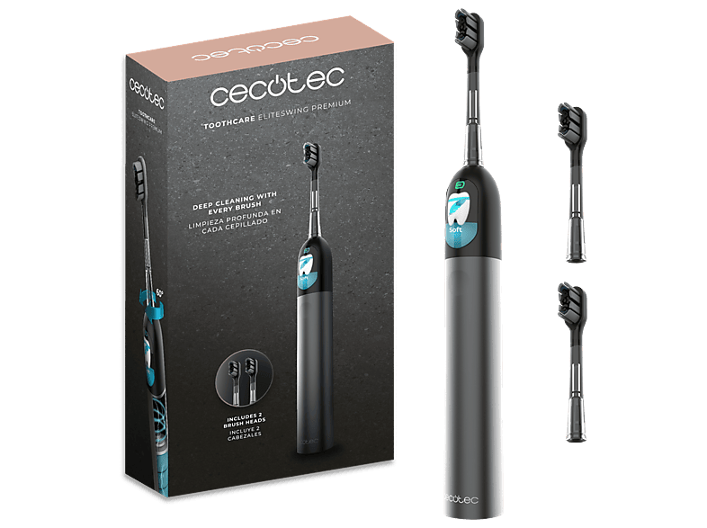 Cepillo eléctrico - Cecotec ToothCare EliteSwing Premium, Oscilación 60º, Pantalla, 30 días de autonomía, Sensor presión, IPX7, Modo avión, Negro