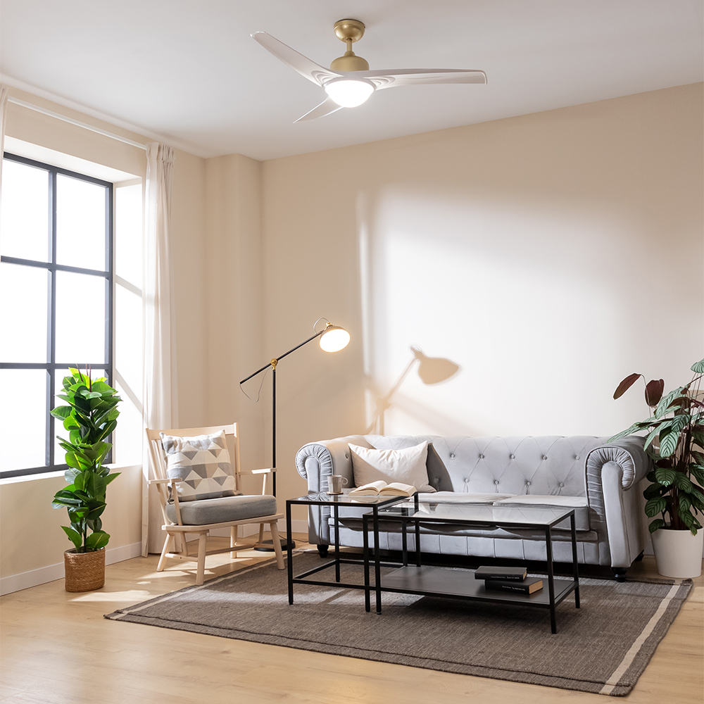 Una sala de estar con sofá gris, silla de madera, plantas y ventilador de techo.