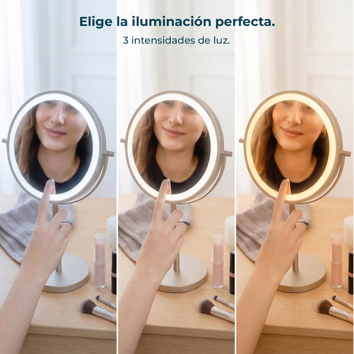 Tres vistas de un espejo de maquillaje con luz LED, mostrando distintas intensidades de luz.
