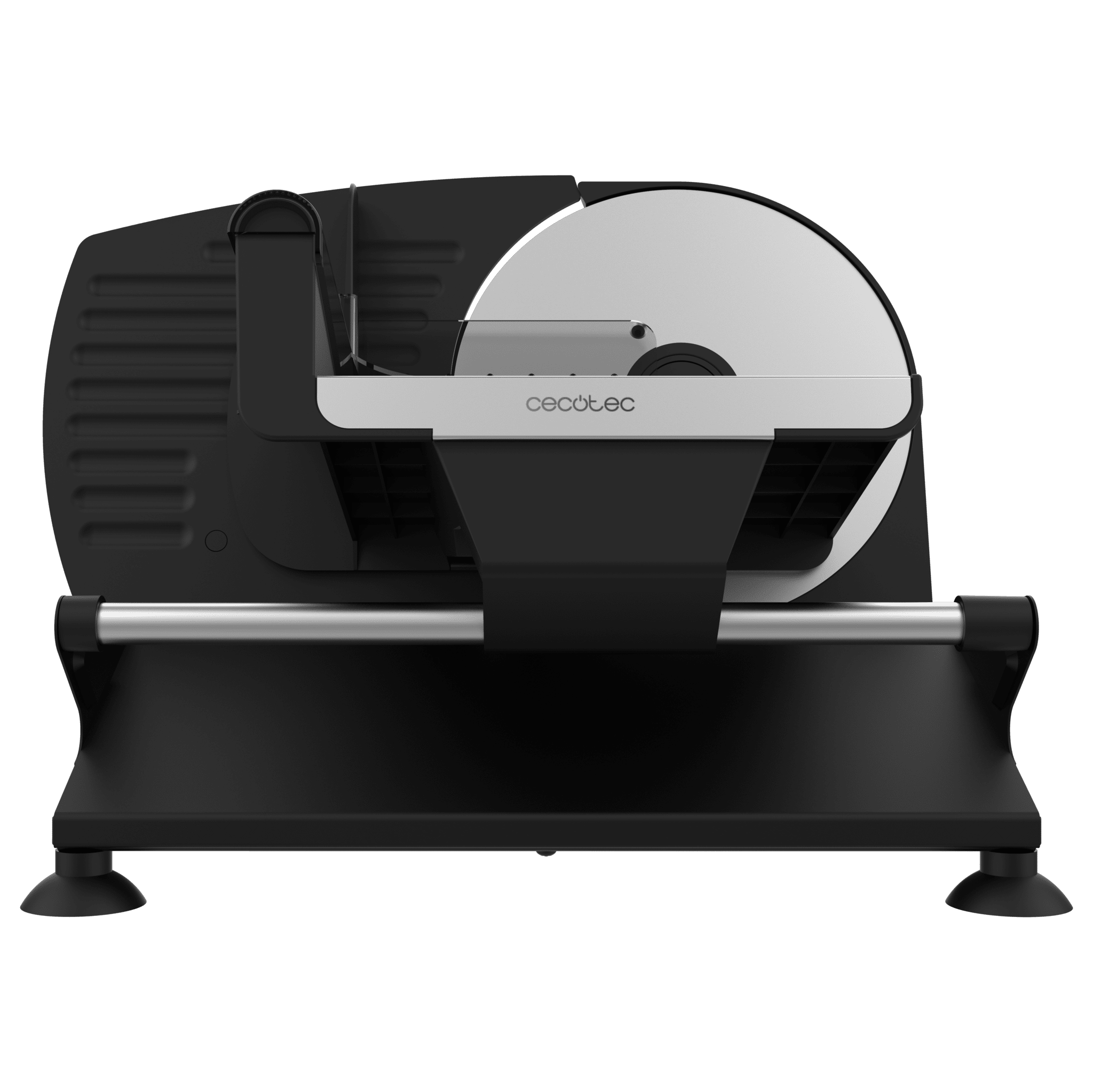 Una cortadora de alimentos eléctrica negra con cuchilla circular plateada.