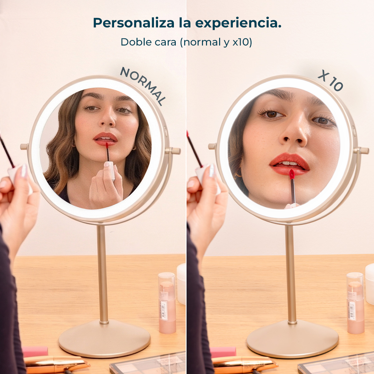 Mujer se aplica labial en espejo iluminado, vistas normal y ampliada.