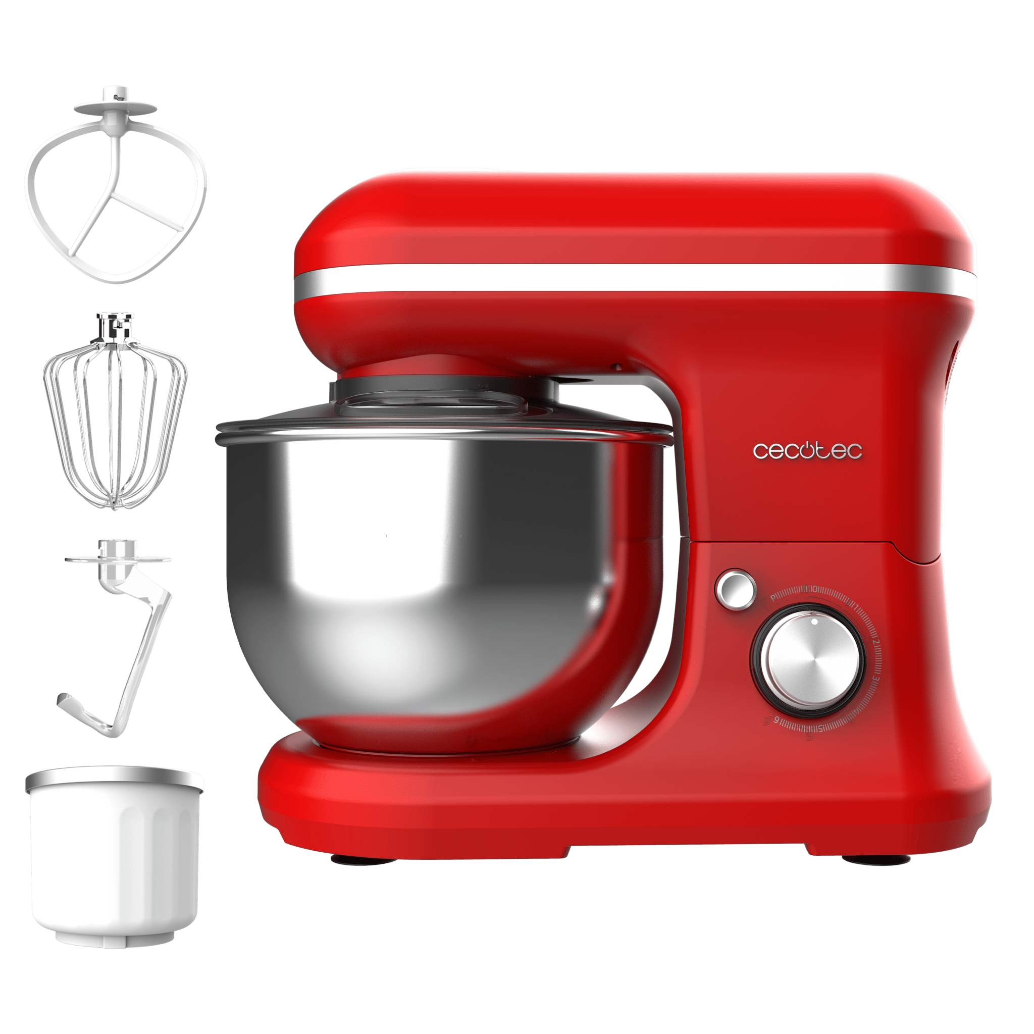 Batidora roja con bol metálico y accesorios sobre fondo verde.