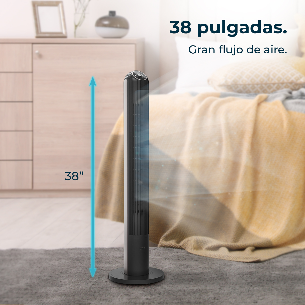 Un ventilador de torre de 38 pulgadas en una alfombra gris, con aire fluyendo.