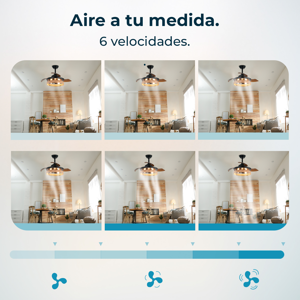 Ventilador de techo con 6 velocidades en una sala de estar elegante.
