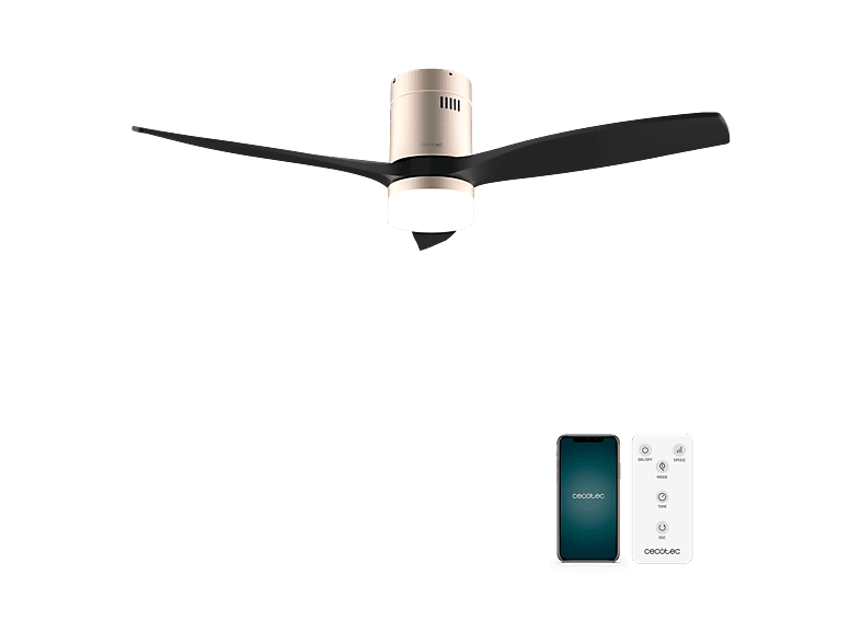 Ventilador de techo - Cecotec EnergySilence Aero 5600 Aqua GoldBlack Connected, Mando, IP44, luz LED, 6 velocidades, Modo invierno/verano, Negro
