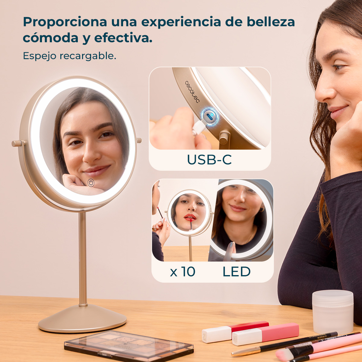 Espejo de maquillaje iluminado con carga USB-C y 10x LED.