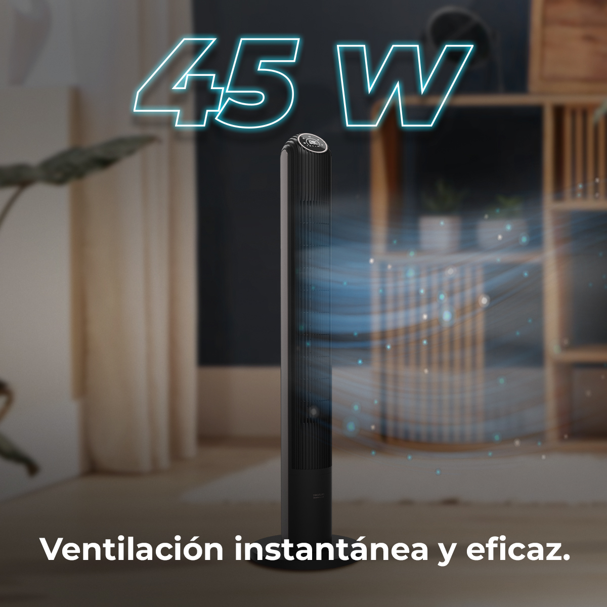 Un elegante ventilador de torre negro, 45W, emitiendo aire en una habitación.