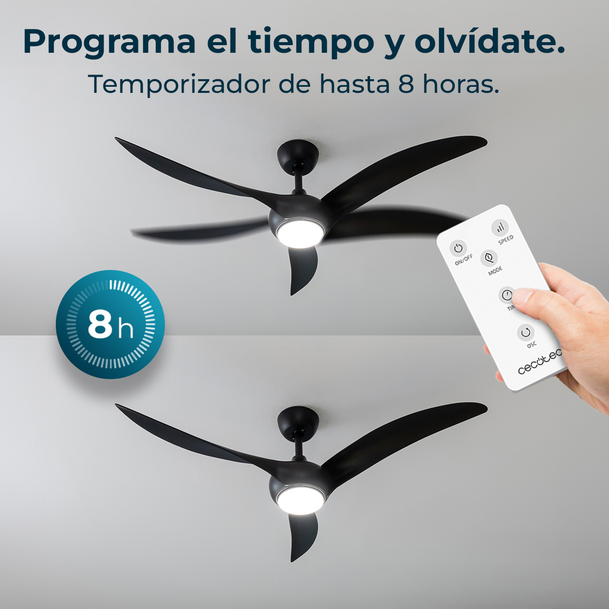 Dos ventiladores de techo negros con luces, uno controlado por mando a distancia.